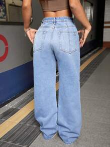 SHEIN EZwear Của phụ nữ Lỏng lẻo phù hợp Denim Quần jean Với Frayed Hem - Rửa tối - Xem 3