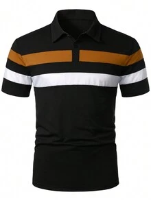 Manfinity Mode Men's Color-Contrast Stripe Short Sleeve Polo Shirt - Black - View 3