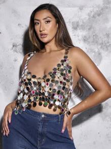 SHEIN BAE 大尺寸重型重疊閃鑽鋁質背心,適用於派對和音樂節 - 銀色 - 查看 4