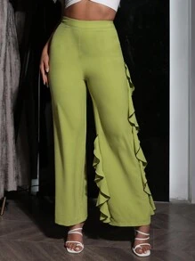 Zolique Pantalones Anchos Y Sueltos Con Detalles De Volantes En Los Laterales - Verde - Ver 1