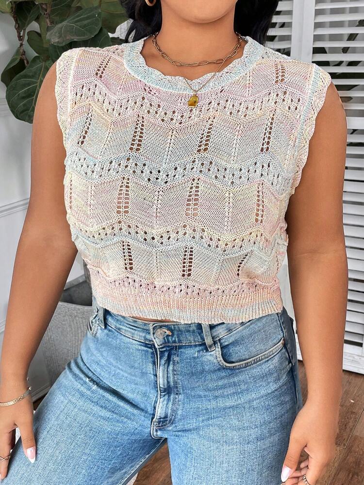 Plus Size Sheer Sleeveless Vacation Style Sweater Vest