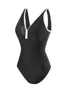 SHEIN Swim Của phụ nữ Khối màu Trang trí Đúng mốt Áo tắm một mảnh , Thích hợp Đối với Kỳ nghỉ Bơi lội - màu đen - Xem 3