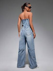 SHEIN ICON 女式休閒牛仔背帶工裝連身褲,帶口袋