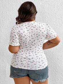 SHEIN CURVE+ 大尺碼女士修身花卉印花t恤,帶花邊蕾絲邊 - 紅白色 - 查看 2