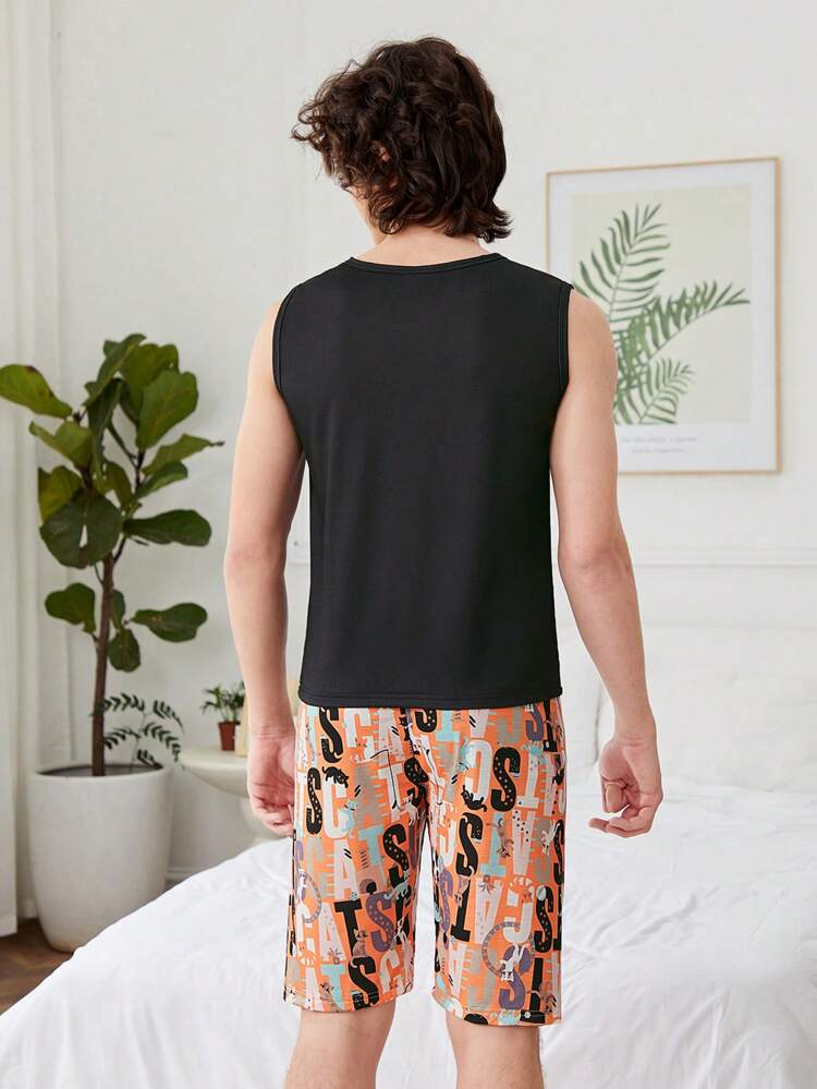 Teen Boy's Minimalist Letter Printed 3/4 Shorts Set With Sleeveless Vest, Casual Two-Piece Homewear