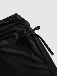 SHEIN MOD Women's High Waisted Side Drawstring Waist With Pleated Hem And Mermaid Hemline Long Black Skirt, Elegant Black Solid Mermaid Midi Skirt With Adjustable Side Drawstrings, Chic, Spring/Summer, Suitable For Vacation, Beach Outfits, Elegant, Tea Party, Women's Country Clothing, Romantic, Vintage, Casual Skirt For Women, Dating, Vacation, Boho - Black - View 3