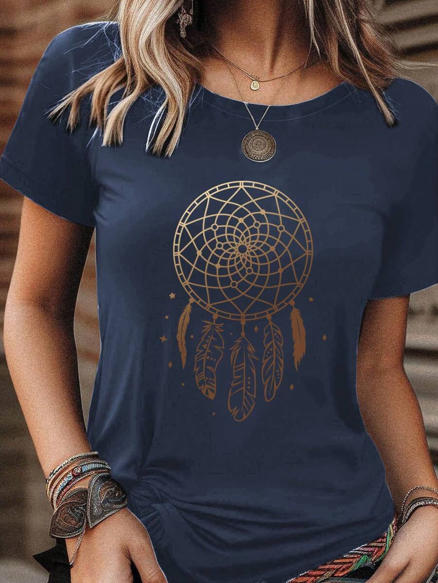 INAWLY Ladies' Summer Feather Dreamcatcher Mesh Short Sleeve T-Shirt, Casual Graphic Tees Women Tops - Navy Blue - View 1