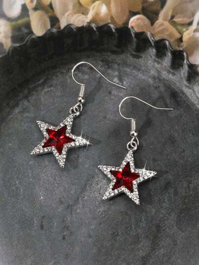 ROMWE 1pair Vintage Gothic Style Rhinestone Decor Star Shaped Dangle Earrings, Halloween