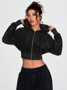 Coolane Zip Up Drawstring Hooded Sequin Jacket In Fall/Winter - Black - View 3