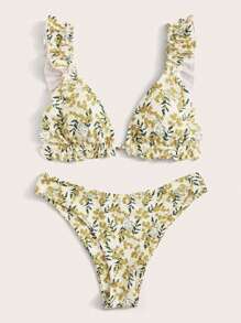 Swim Mod Summer Beach Floral Print Ruffle Trim Bikini Set