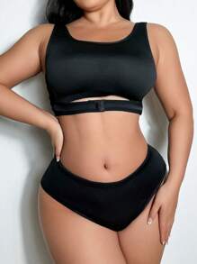 2pcs/Set Women's Plus Size Wireless Seamless Bra And Panties Set In Solid Color - Black - View 5