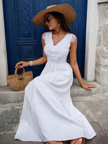 EURMUSE Guipure Lace Notched Neckline Detailed Long Dress - White - View 1