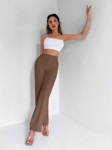 EURMUSE Pantalones de traje de cintura alta y pierna recta de unicolor y versátil - Marrón - Ver 5