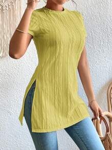 SHEIN Essnce Màu thuần Kết cấu Chi tiết Chia bên Áo thun - Màu Mù tạt vàng - Xem 1