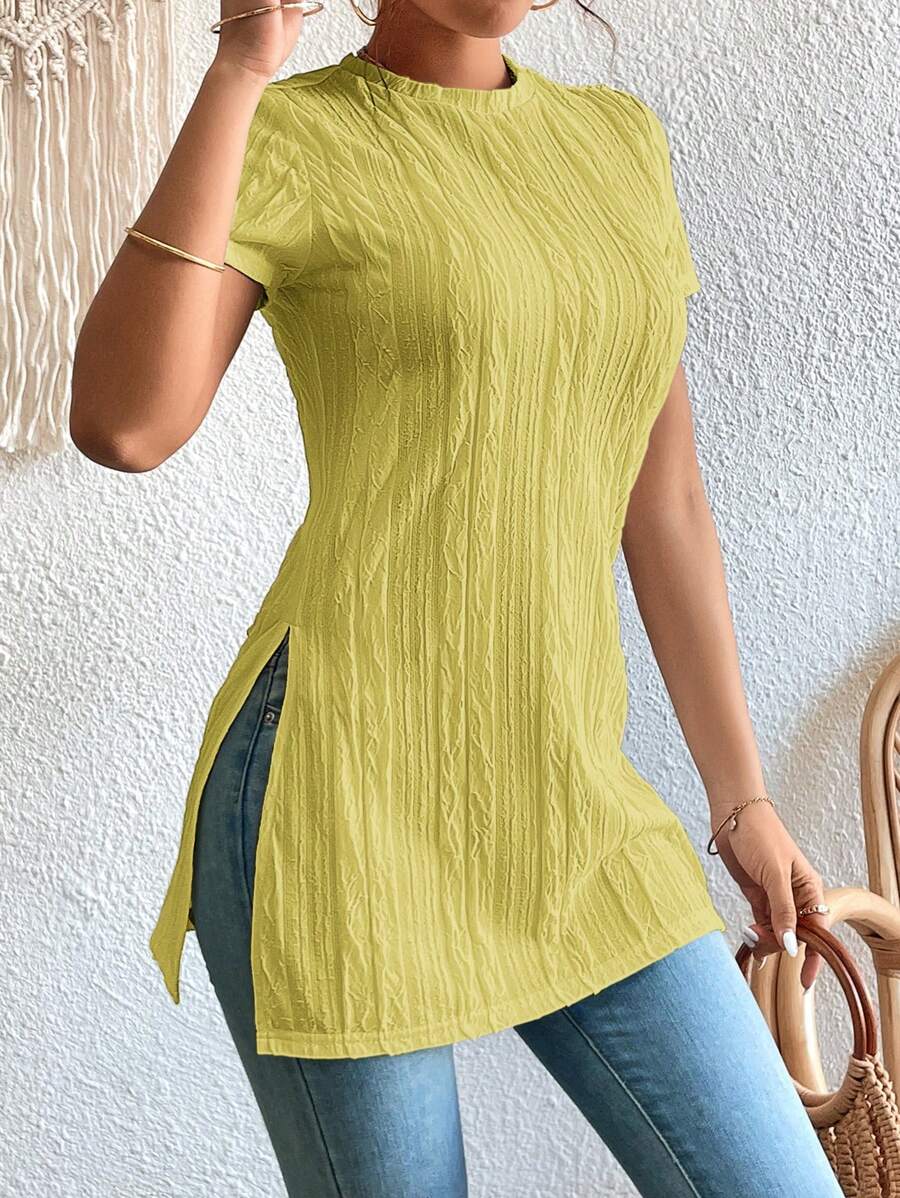 SHEIN Essnce Màu thuần Kết cấu Chi tiết Chia bên Áo thun - Màu Mù tạt vàng - Xem 1