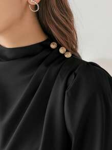 DAZY Áo sơ mi dài tay xếp ly màu trơn công sở, quần áo mùa thu cho nữ - màu đen - Xem 3