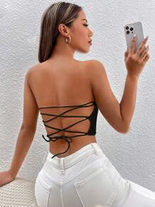 SHEIN PETITE 夏季短款背心上衣，窄管式設計，後扣式蕾絲綁帶，斜裁搶眼翻邊