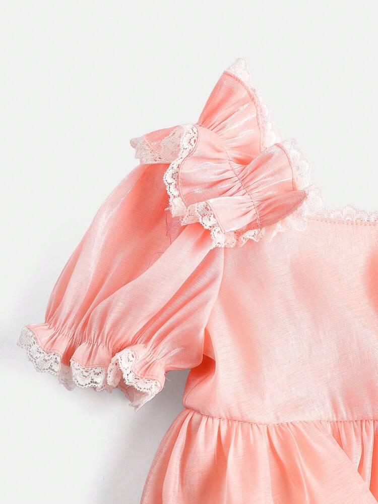 Baby Girl's  Elegant Satin Glossy Satin Short Sleeve Dress With Ruffled Trim And Lace Patchwork