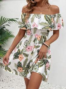 Breezaya 露肩弹力腰 A 字形迷你连衣裙，带荷叶边下摆，度假海滩装女款