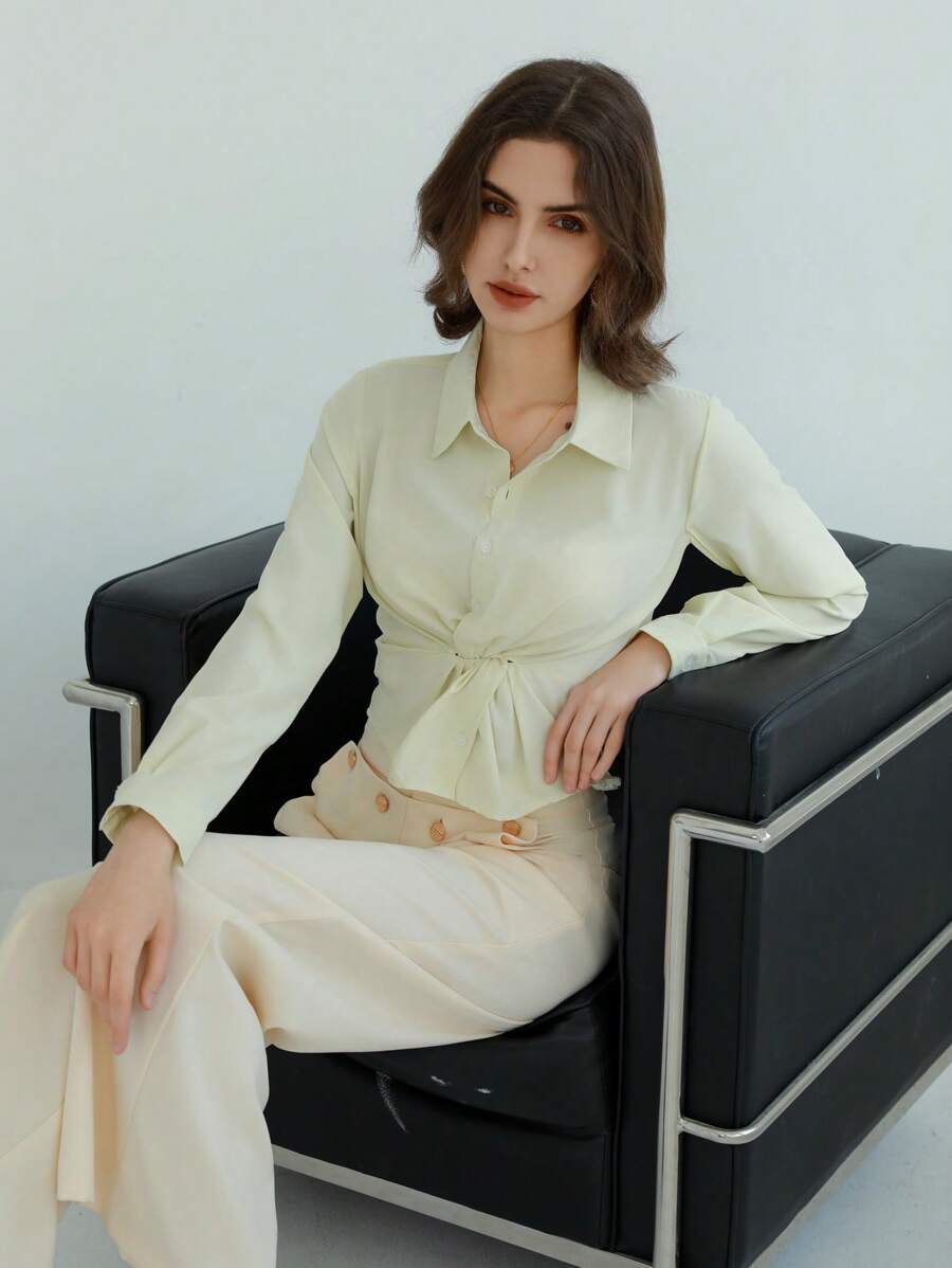 Aveloria Cross Twist Long Sleeve Casual Shirt, Suitable For Spring/Summer Commute - Apricot - View 1