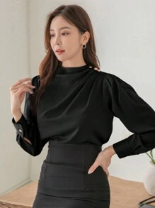 DAZY Áo sơ mi dài tay xếp ly màu trơn công sở, quần áo mùa thu cho nữ - màu đen - Xem 5