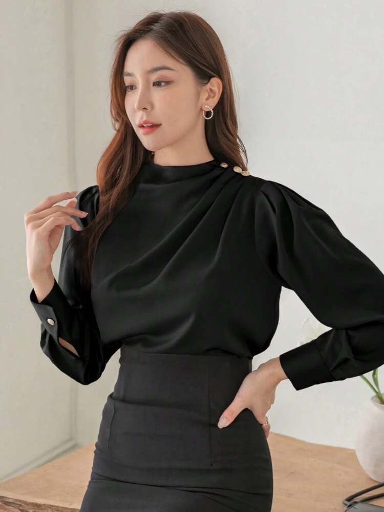 Long Sleeve Pleated Business Casual Solid Color Shirt,Fall Women Clothes