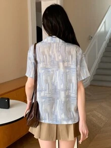 女式前扣短袖衬衫夏季，返校服装学院风上衣 - 藍色 - 查看 5