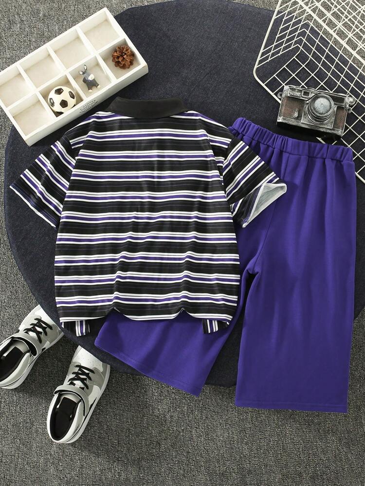 Tween Boy Casual Street Style Striped Printed Half-Button Collar Loose Fit Top And Solid Color Shorts Knitwear Set