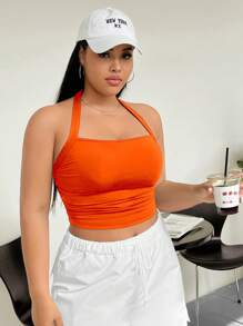 SHEIN EZwear Top Corto Naranja Brillante De Talla Grande Sin Mangas, Con Cuello Halter Y Detalles De Cintura Fruncida Para El Verano