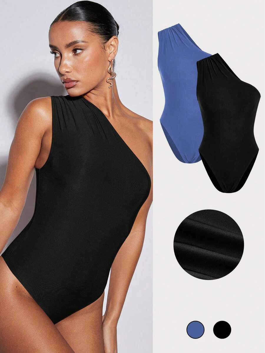 SHEIN BAE Bae 2入組實色細肋針織連身衣套裝,音樂節夏日波西米亞風格連身衣 - 黑色 - 查看 1