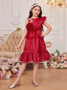 SHEIN Tween Girls' Elegant Round Neckline Layered Ruffle Edge Dress With 3d Flower Decor - Burgundy - View 7
