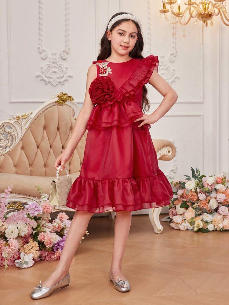 Tween Girls' Elegant Round Neckline Layered Ruffle Edge Dress With 3d Flower Decor