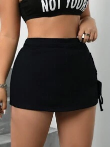 SHEIN ICON Plus Size Summer Solid Color Denim Skort With Side Tied Design - Black - View 4
