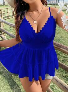Sunnyshic Grote maten Kant Gesptitste Halter top Met Zoom En Aangesnoerd Taille