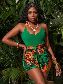 Slaydiva 2pcs Women Summer Festival Rave Outfit Set, Cami Crop Top & Loose Graphic Print Shorts - Multicolor - View 3