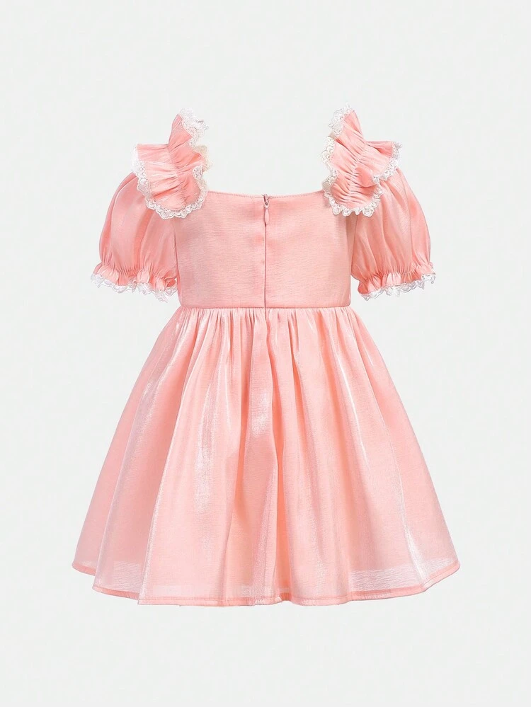 Baby Girl's  Elegant Satin Glossy Satin Short Sleeve Dress With Ruffled Trim And Lace Patchwork