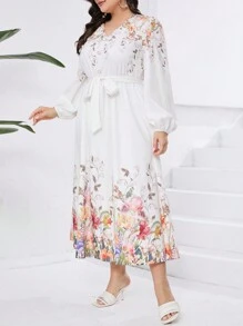 Mulvari Plus Size Women's Floral Printed Lantern Sleeve Long Arabic Style Dress