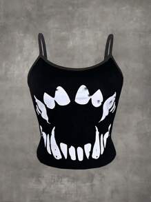 INAWLY Women's Sleeveless Camisole Top With Tooth Print, Suitable For Summer - Black - View 1