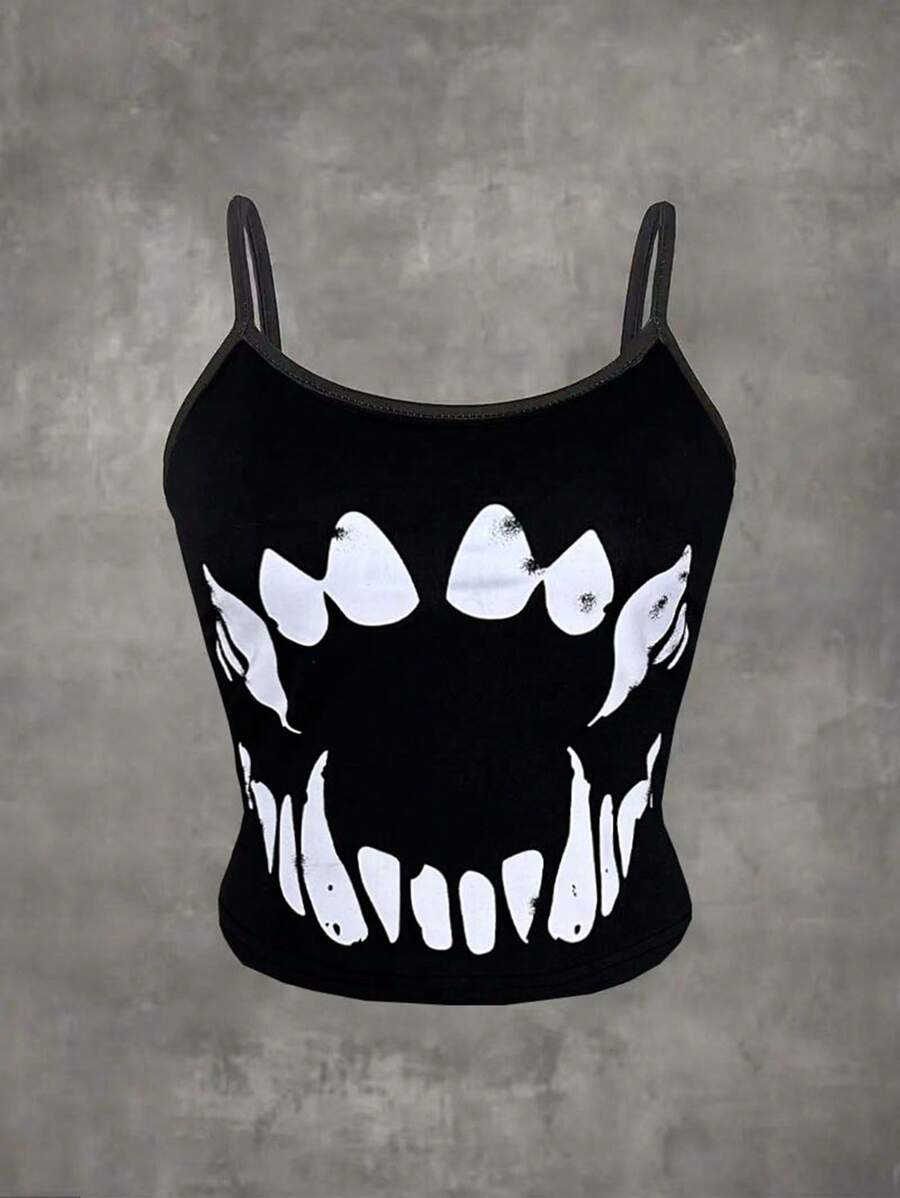 INAWLY Women's Sleeveless Camisole Top With Tooth Print, Suitable For Summer - Black - View 1