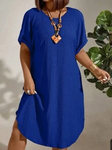 EMERY ROSE Plus Size Women's Solid Color Batwing Short Sleeve Loose Casual Dress With Round Neckline