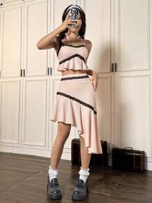 Flirla Conjunto de blusa sin mangas con dobladillo con ribete de encaje en contraste y falda para mujer de verano - Albaricoque - Ver 6