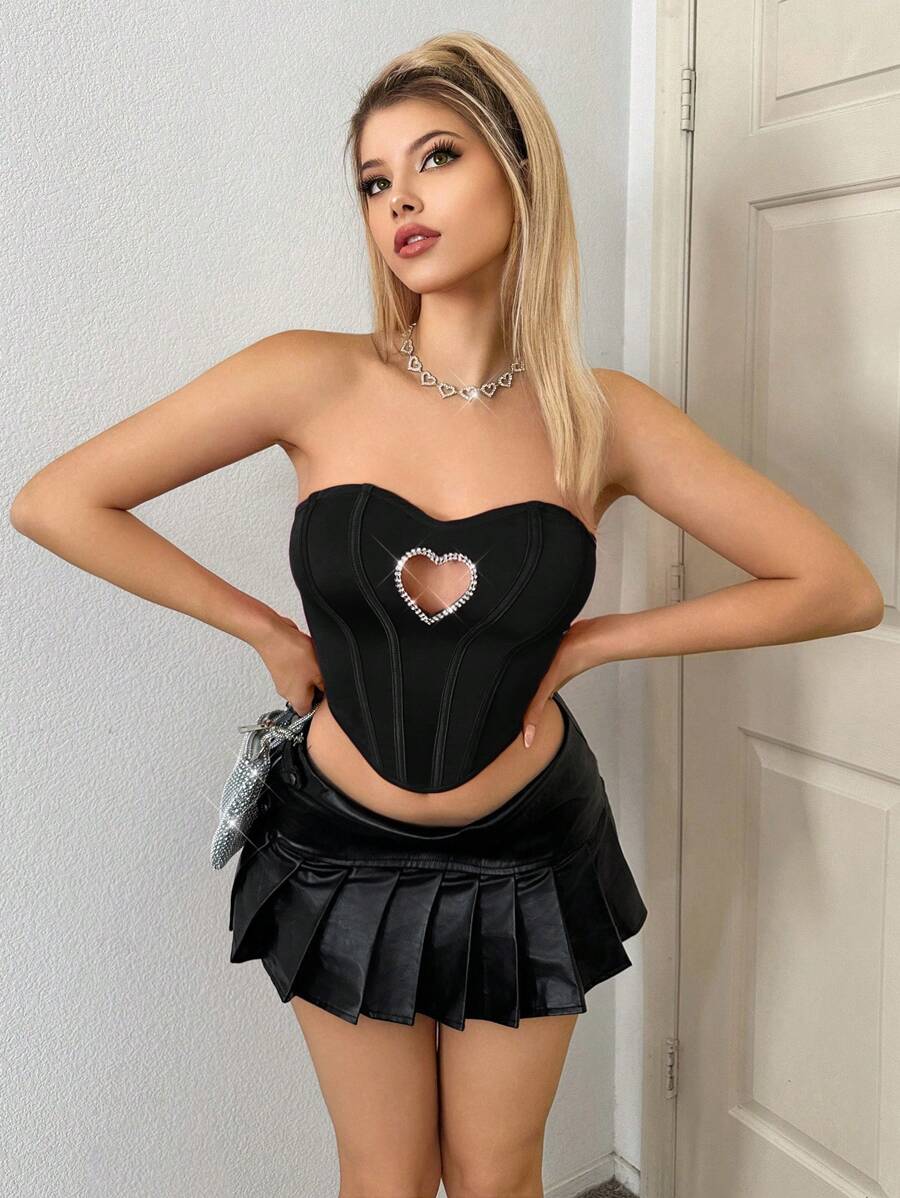 SHEIN ICON Top De Corsé Rosa Con Escote En Forma De Corazón Para Mujer De La Y2k Con Decoración De Diamantes De Imitación Y Cintura Ajustable - Negro - Ver 1