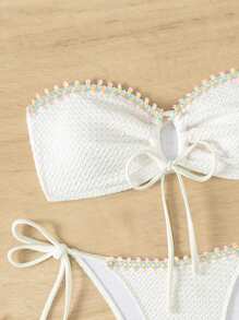 SHEIN Swim 女士无肩带时尚胸罩和吊带比基尼泳裤套装夏季 - 白色 - 查看 4