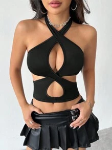 VaVaBold Màu thuần Halter Neck Xu hướng: Cắt giảm Không lưng Áo ba lỗ Áo - màu đen - Xem 1