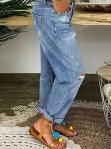Single Breasted Distressed Rolled Hem Straight Leg Jeans
