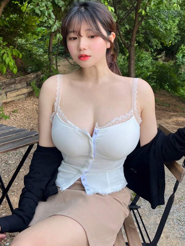 Women's Slim Fit Lace Splice Strappy White Corset Cami Top, Show Your Figure