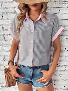 SHEIN LUNE 女士條紋短袖襯衫,帶領子,適合日常穿著 - 彩色 - 查看 6