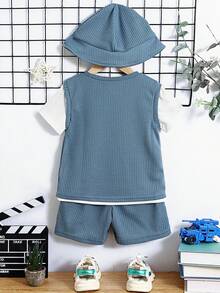 SHEIN 幼兒男孩休閒舒適恐龍圖案拼色短袖上衣配短褲和帽子套裝(二合一設計) - 彩色 - 查看 2