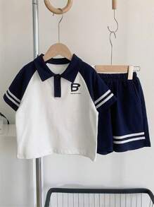 Young Boy Color-Block Short Sleeve T-Shirt And Shorts Set For Summer