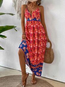 SHEIN Holidaya Váy Halterneck hở lưng in hoa khối màu dành cho nữ - Đỏ - Xem 7